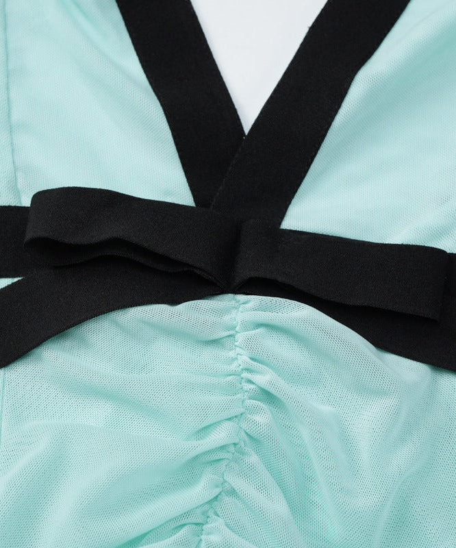 Chic Mint Green Halter Maxi Dress – Deep V-Neck, Ruched Waist & Black Bow | Elegant for Resort & Holiday Galas