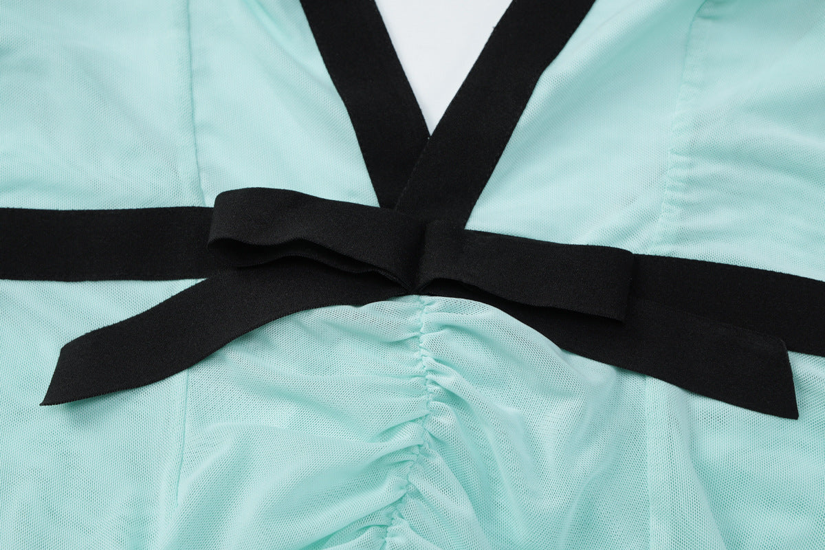 Chic Mint Green Halter Maxi Dress – Deep V-Neck, Ruched Waist & Black Bow | Elegant for Resort & Holiday Galas