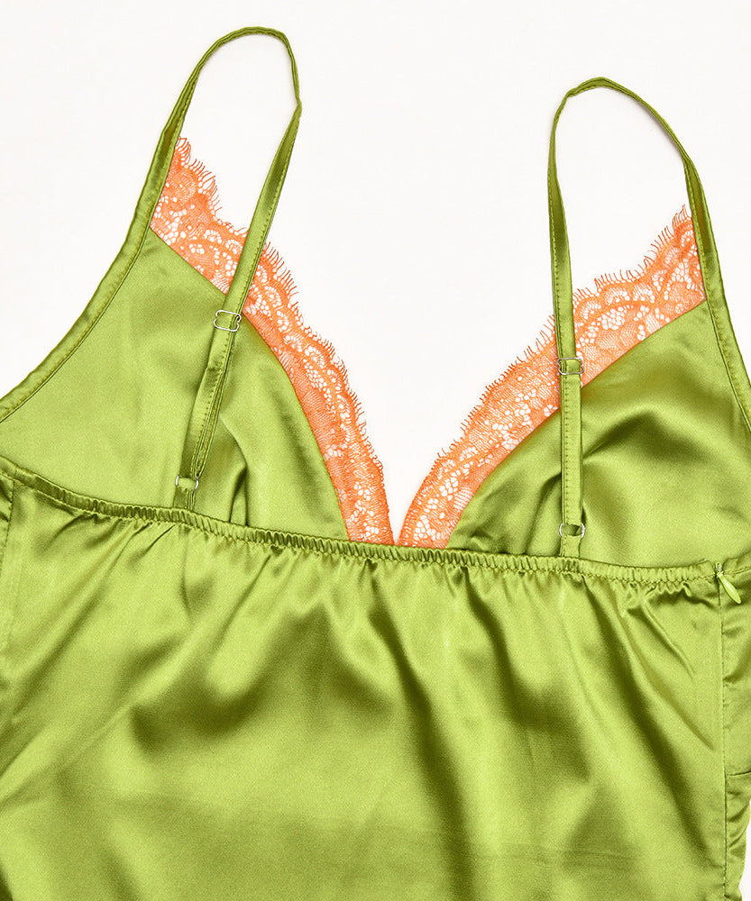 Verdant Green Satin Slip Maxi Dress with Lace V-Neck | Your Essential Fall & Holiday Party Glamour