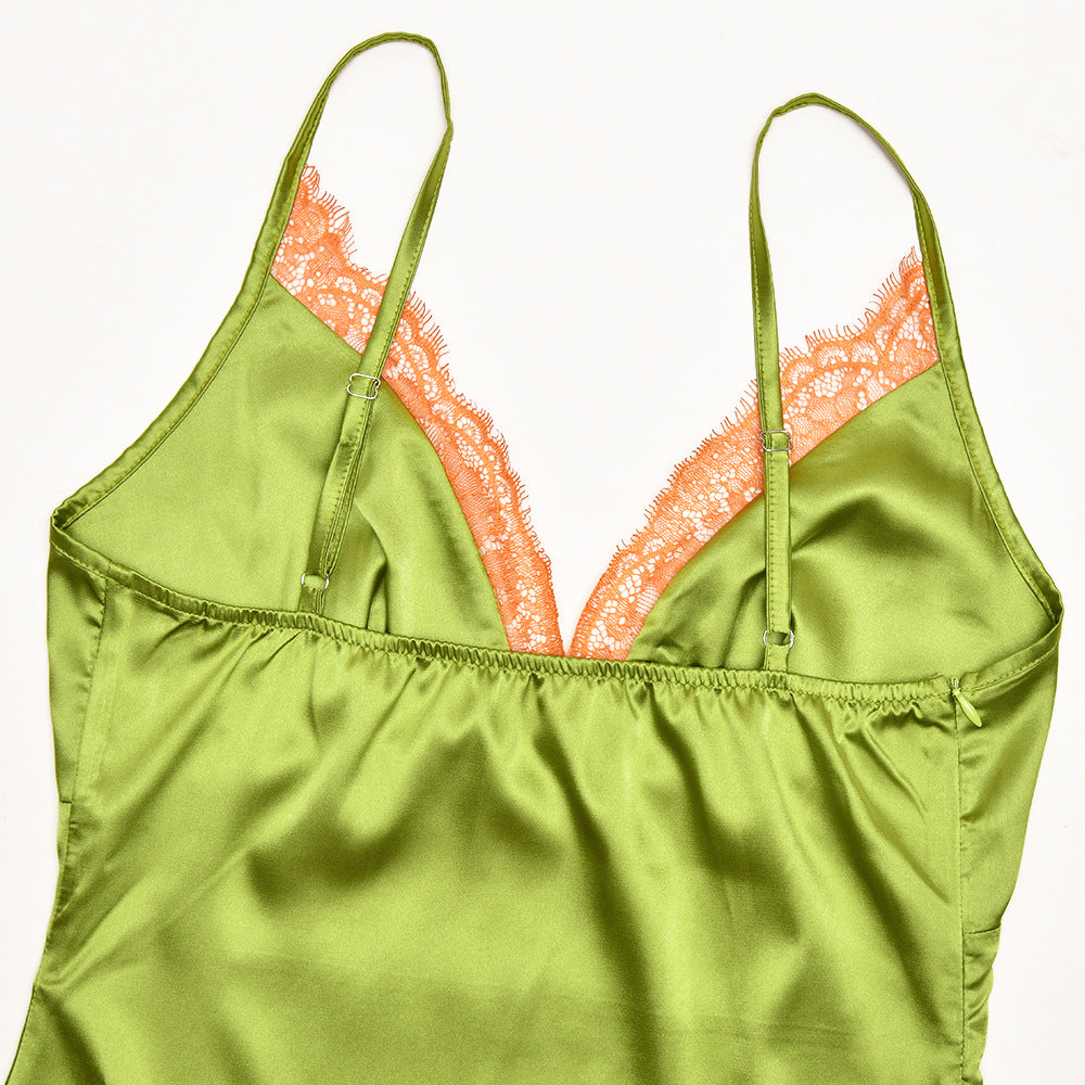 Verdant Green Satin Slip Maxi Dress with Lace V-Neck | Your Essential Fall & Holiday Party Glamour