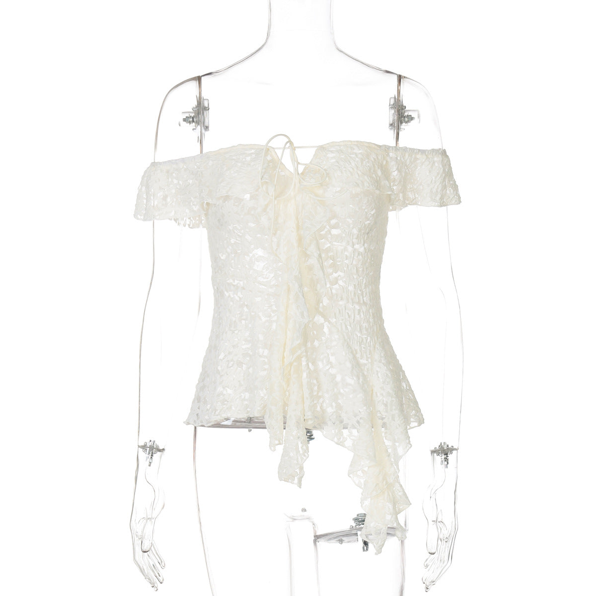 Romantic Lace Off-Shoulder Top: Chic Tie-Front & Asymmetrical Ruffle for Fall Evenings