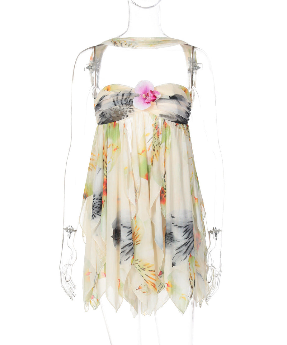 Chic Halter Neck Orchid Print Mini Dress – Your Essential Resort & Holiday Getaway Style