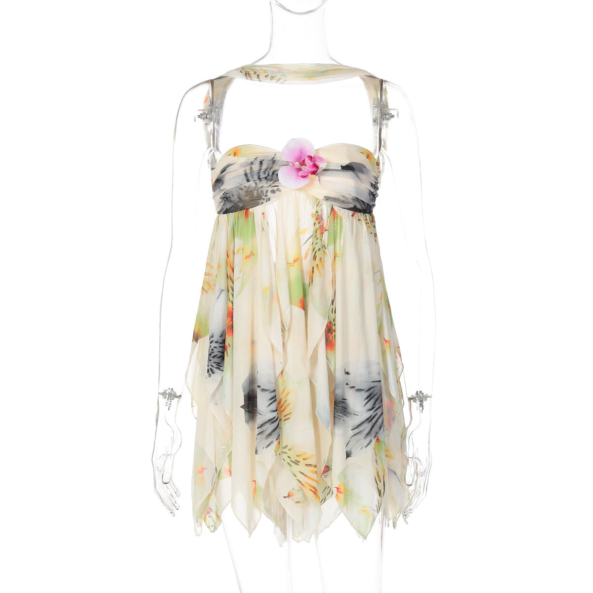 Chic Halter Neck Orchid Print Mini Dress – Your Essential Resort & Holiday Getaway Style