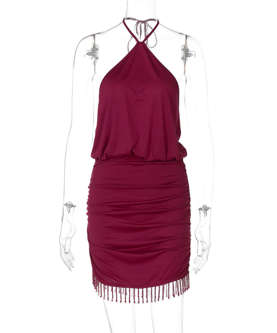 Sultry Burgundy Halter Ruched Mini Dress with Tassel Hem | Fall & Holiday Party Perfect
