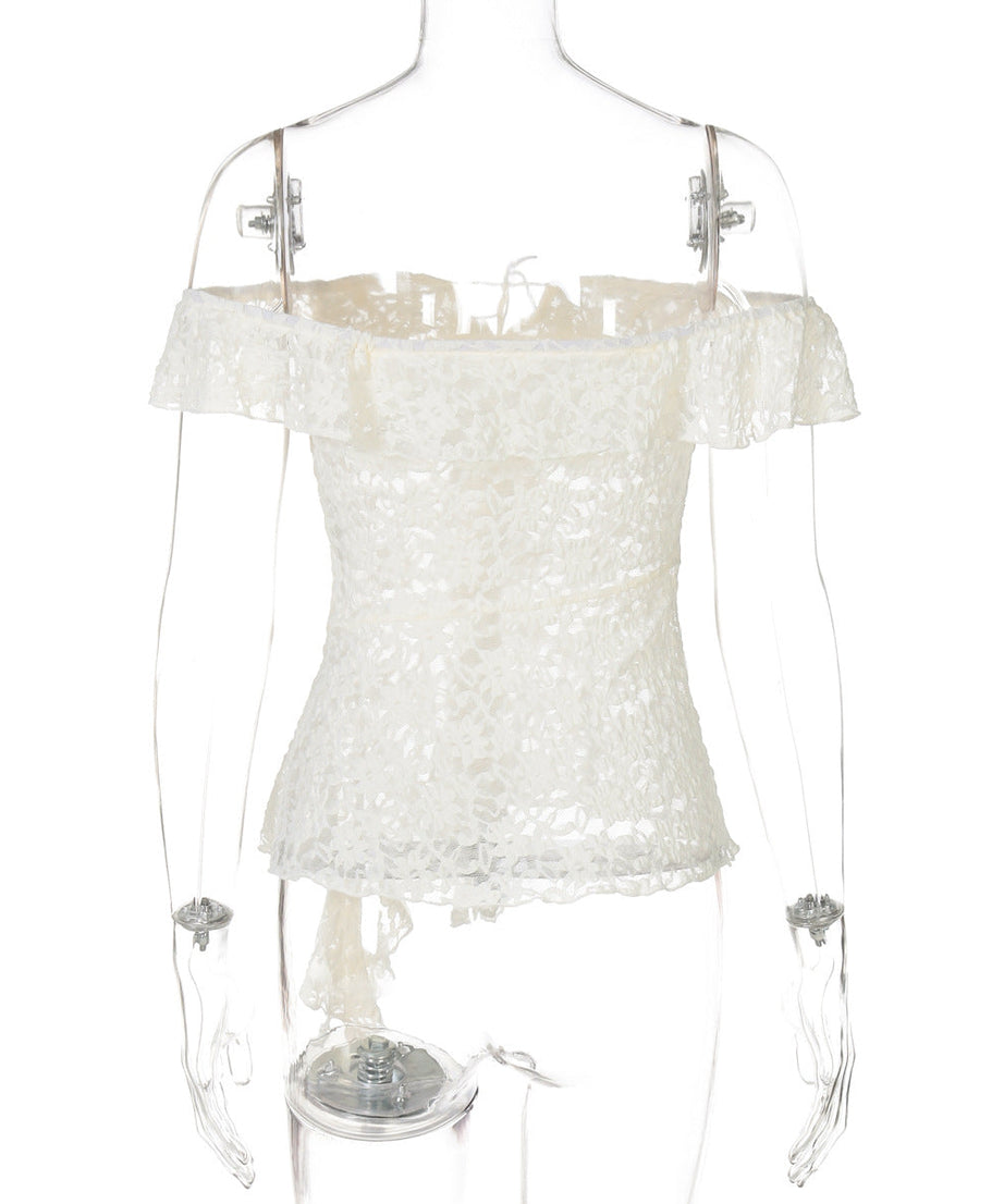 Romantic Lace Off-Shoulder Top: Chic Tie-Front & Asymmetrical Ruffle for Fall Evenings