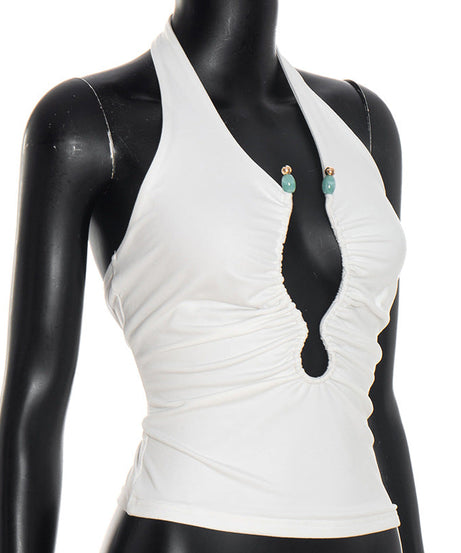 Fall Night Out Ready: White Ruched Halter Top with Beaded Keyhole Cut-Out