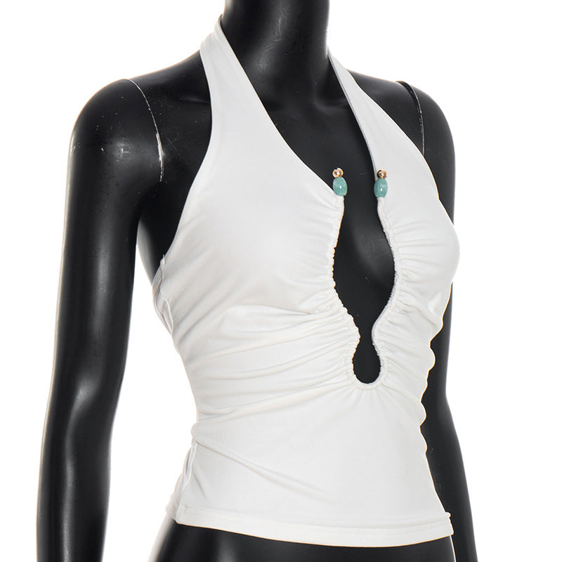 Fall Night Out Ready: White Ruched Halter Top with Beaded Keyhole Cut-Out