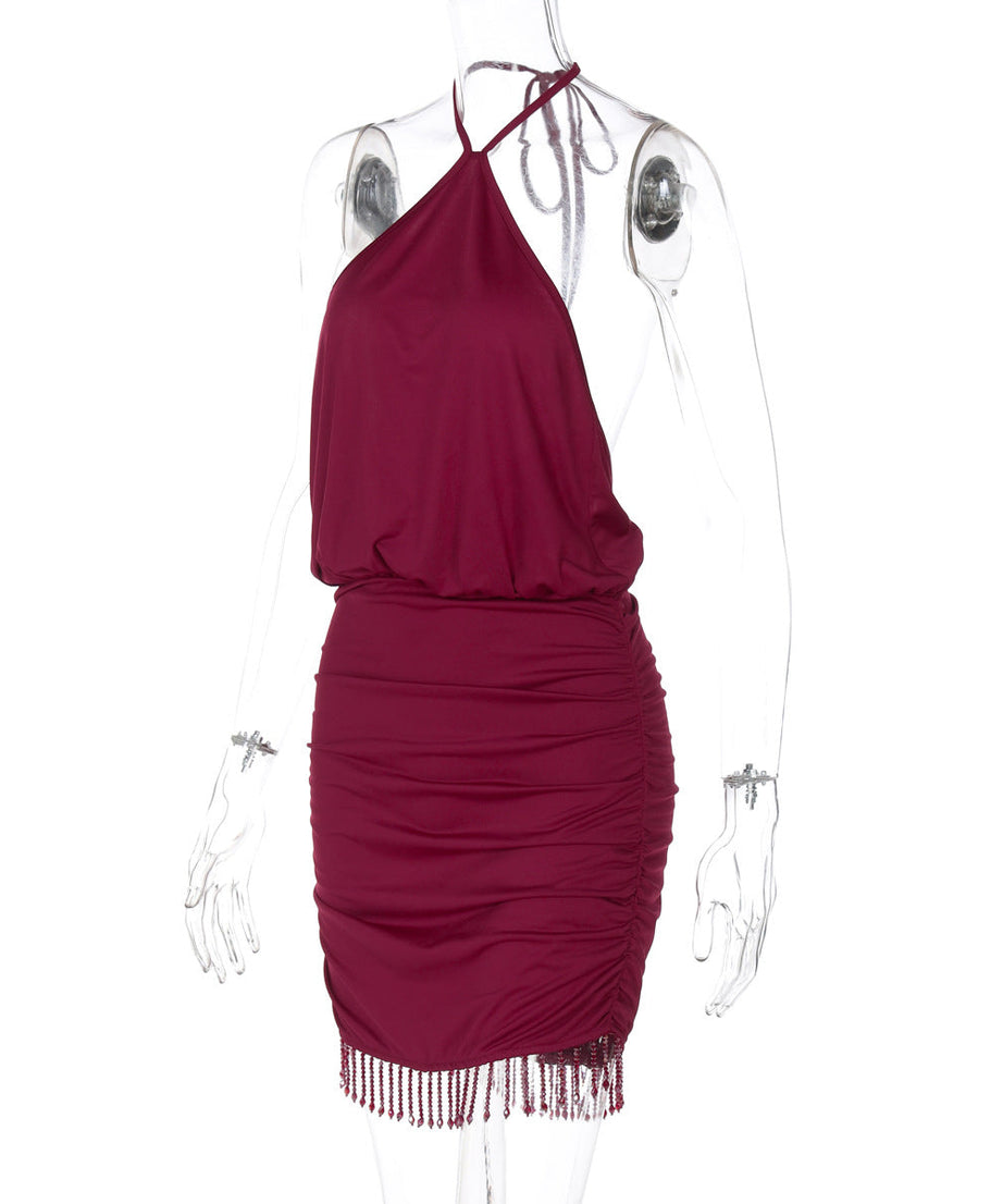 Sultry Burgundy Halter Ruched Mini Dress with Tassel Hem | Fall & Holiday Party Perfect