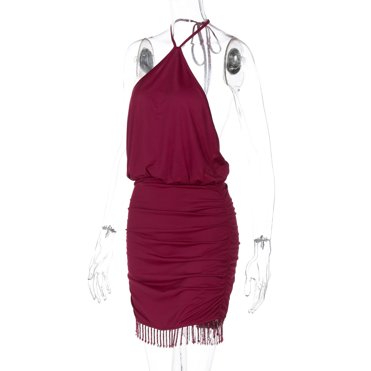 Sultry Burgundy Halter Ruched Mini Dress with Tassel Hem | Fall & Holiday Party Perfect