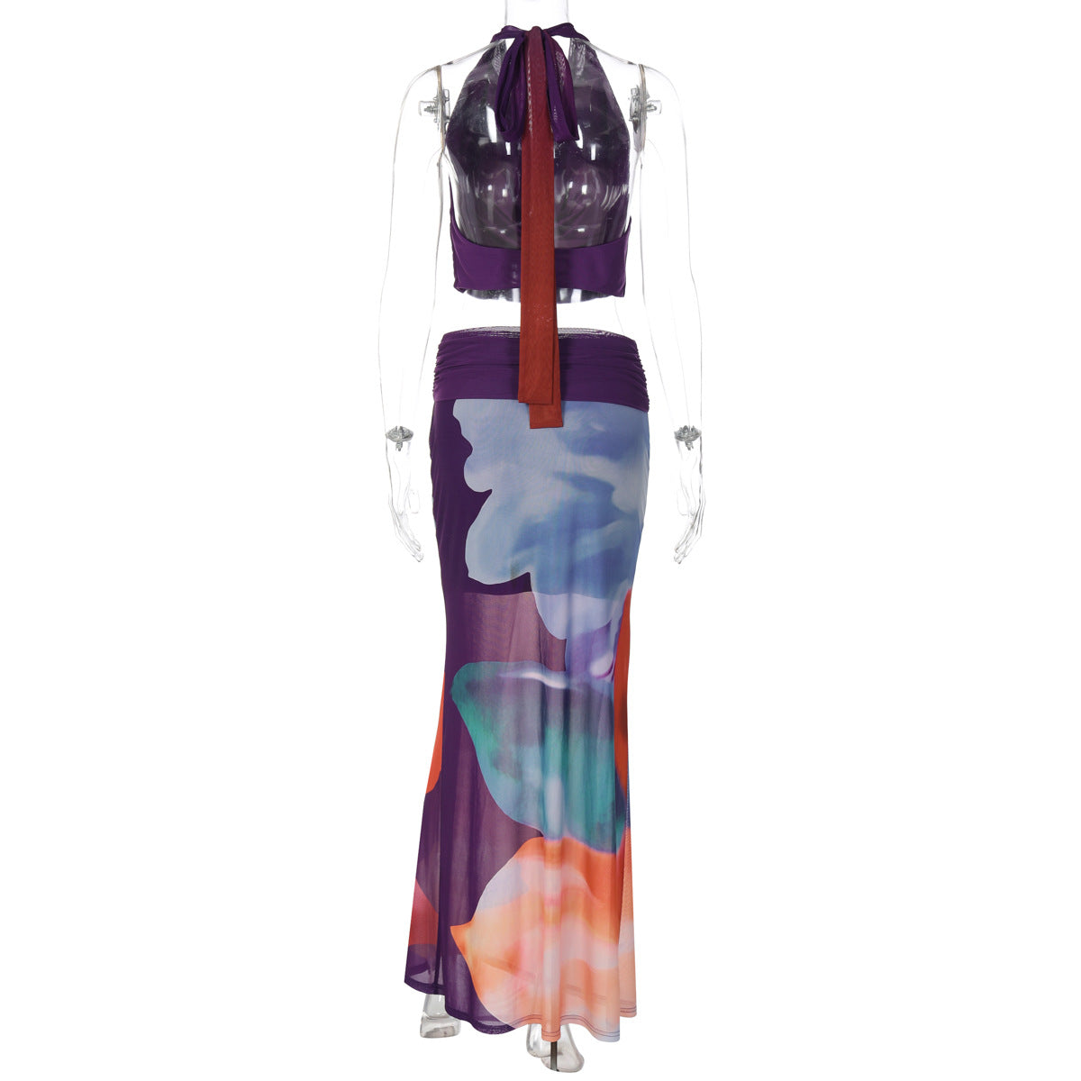Effortless Chic: Cowl Neck Halter & Vibrant Mesh Maxi Skirt Set - Your Statement for Fall Getaways & Holiday Events