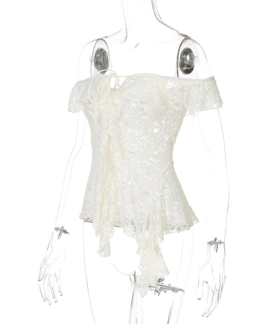 Romantic Lace Off-Shoulder Top: Chic Tie-Front & Asymmetrical Ruffle for Fall Evenings