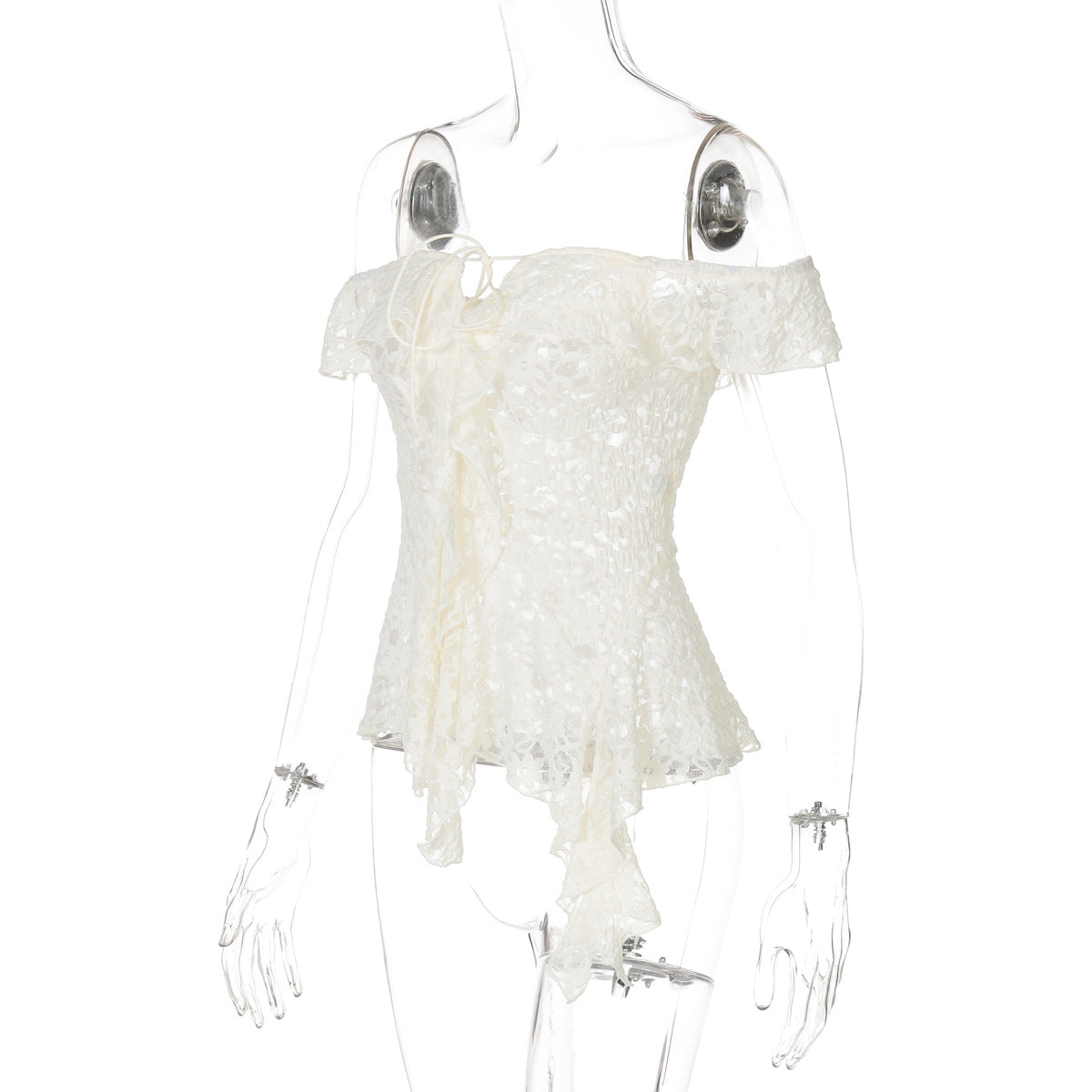 Romantic Lace Off-Shoulder Top: Chic Tie-Front & Asymmetrical Ruffle for Fall Evenings