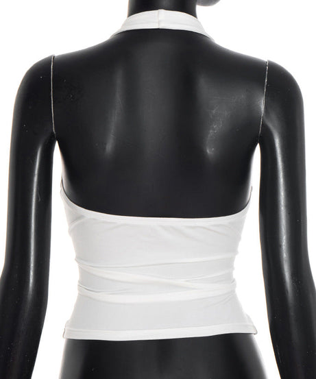 Fall Night Out Ready: White Ruched Halter Top with Beaded Keyhole Cut-Out