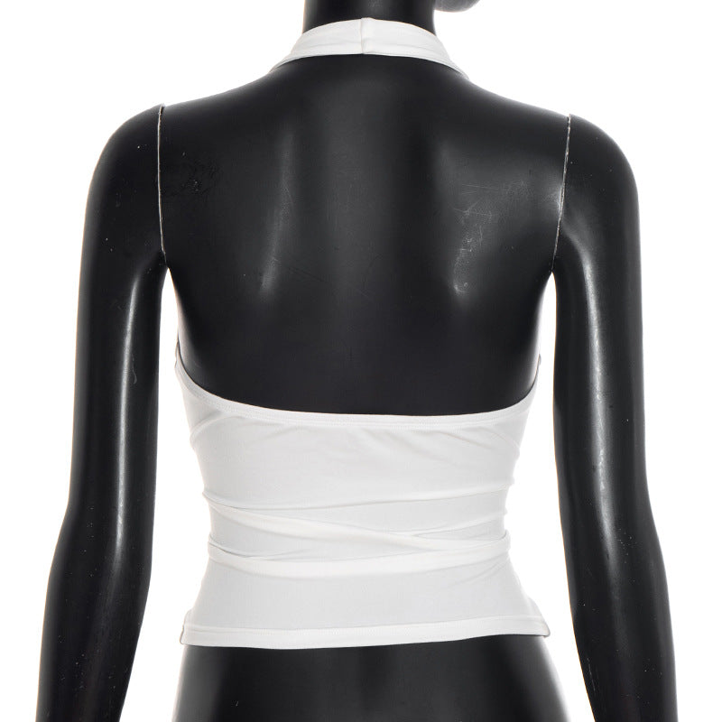 Fall Night Out Ready: White Ruched Halter Top with Beaded Keyhole Cut-Out
