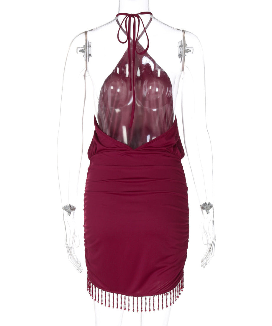 Sultry Burgundy Halter Ruched Mini Dress with Tassel Hem | Fall & Holiday Party Perfect