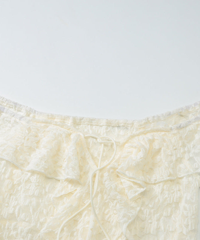Romantic Lace Off-Shoulder Top: Chic Tie-Front & Asymmetrical Ruffle for Fall Evenings