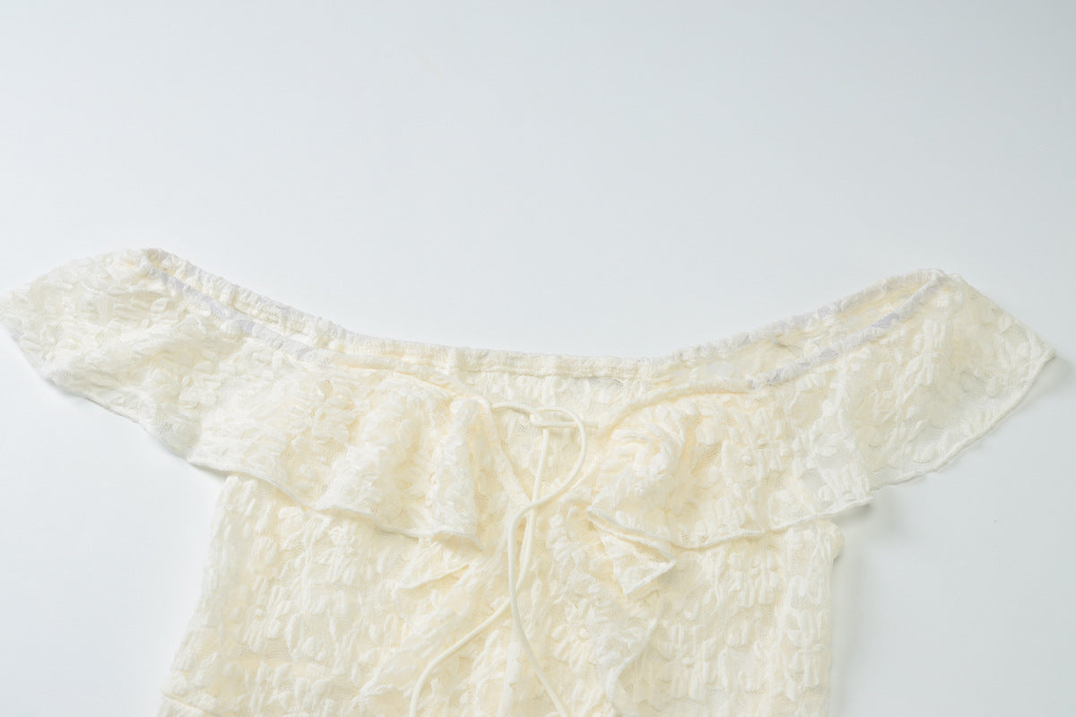 Romantic Lace Off-Shoulder Top: Chic Tie-Front & Asymmetrical Ruffle for Fall Evenings