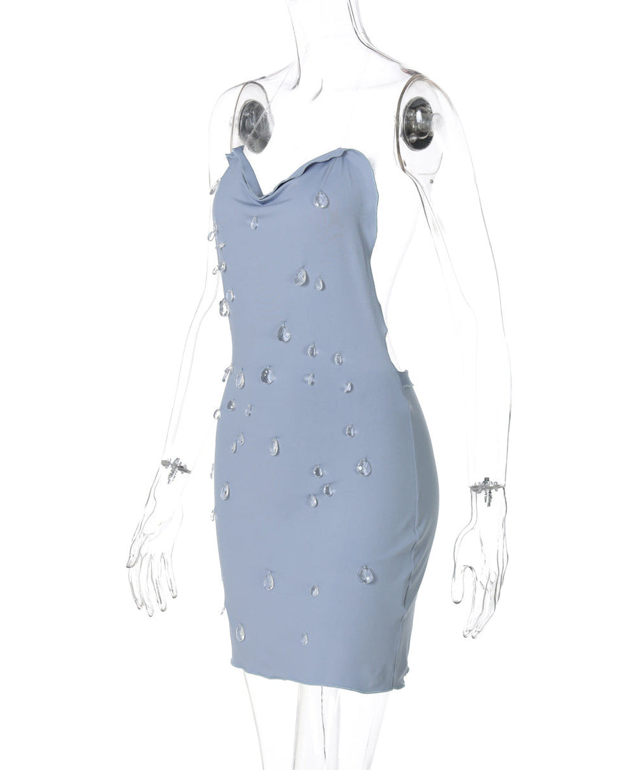 Starlight Siren Cowl Neck Halter Mini Dress | Dazzling Raindrop Embellishments for Fall & Holiday Parties