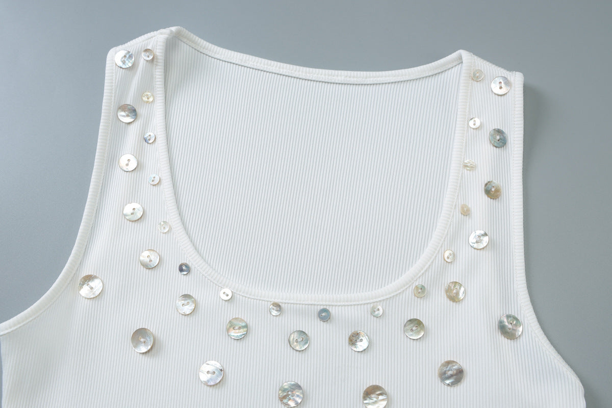 Effortless Chic: White Ribbed Tank Top with Shimmer Appliques | Fall & Holiday Style