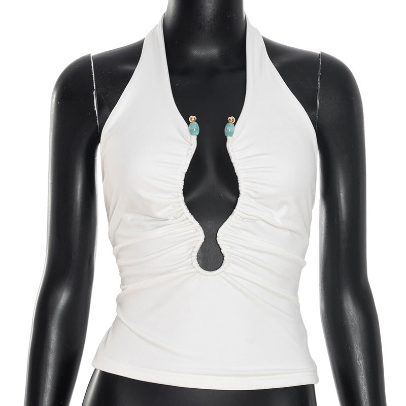 Fall Night Out Ready: White Ruched Halter Top with Beaded Keyhole Cut-Out