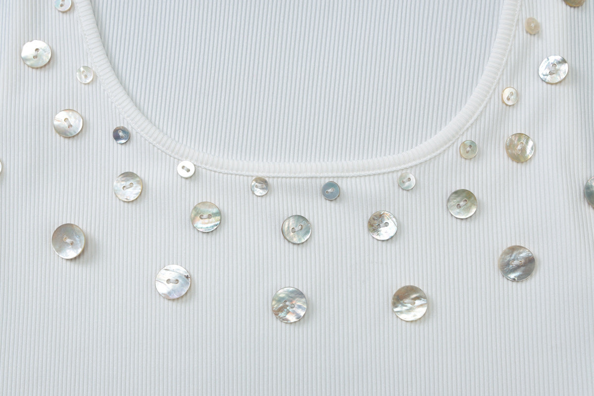 Effortless Chic: White Ribbed Tank Top with Shimmer Appliques | Fall & Holiday Style