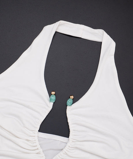 Fall Night Out Ready: White Ruched Halter Top with Beaded Keyhole Cut-Out