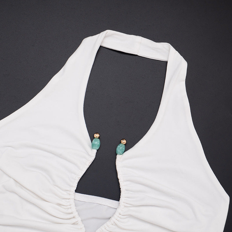 Fall Night Out Ready: White Ruched Halter Top with Beaded Keyhole Cut-Out