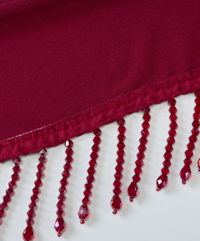 Sultry Burgundy Halter Ruched Mini Dress with Tassel Hem | Fall & Holiday Party Perfect