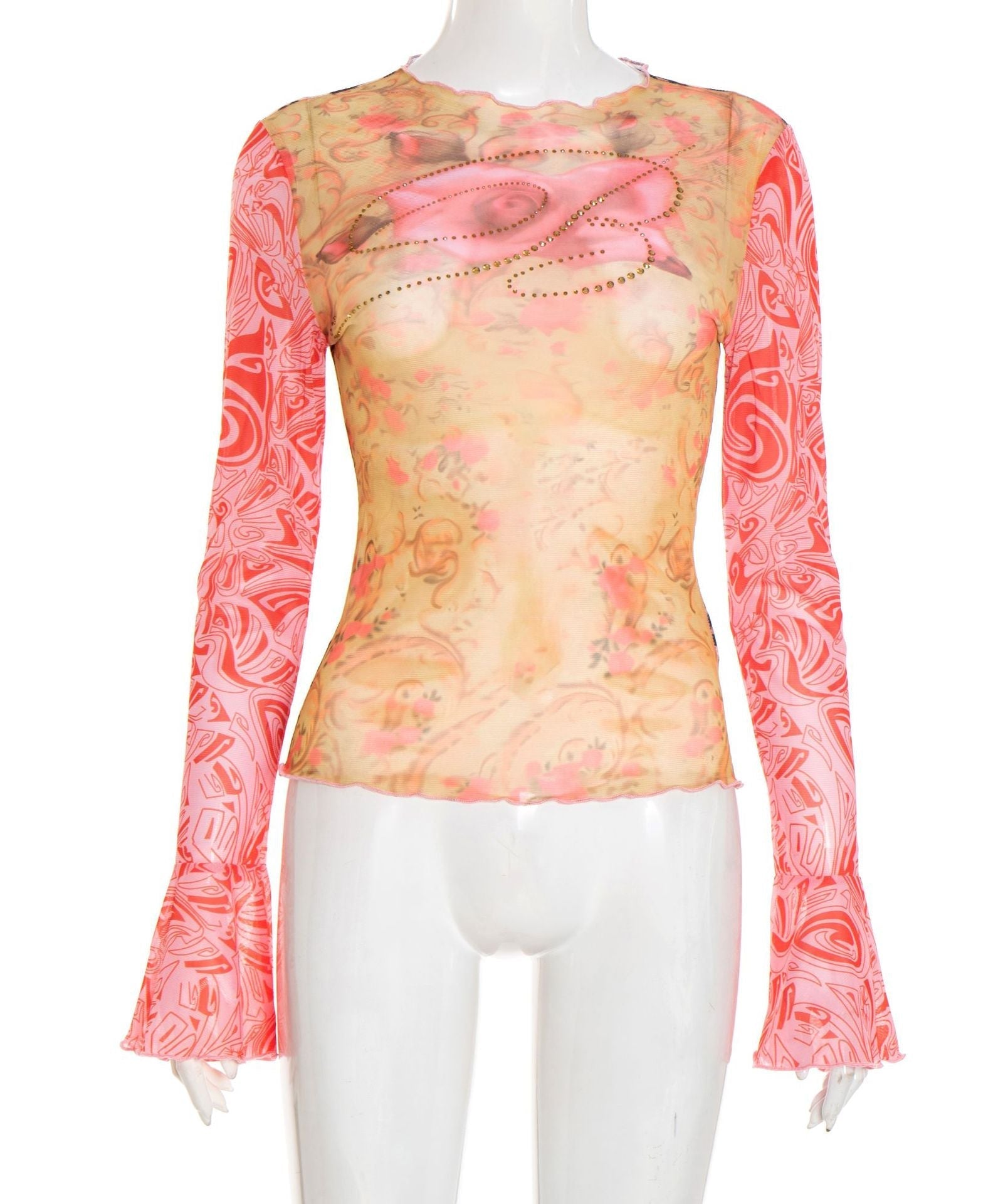 Autumn Bloom Sheer Mesh Top: Rhinestone Embellished, Flared Sleeves & Leopard Trim