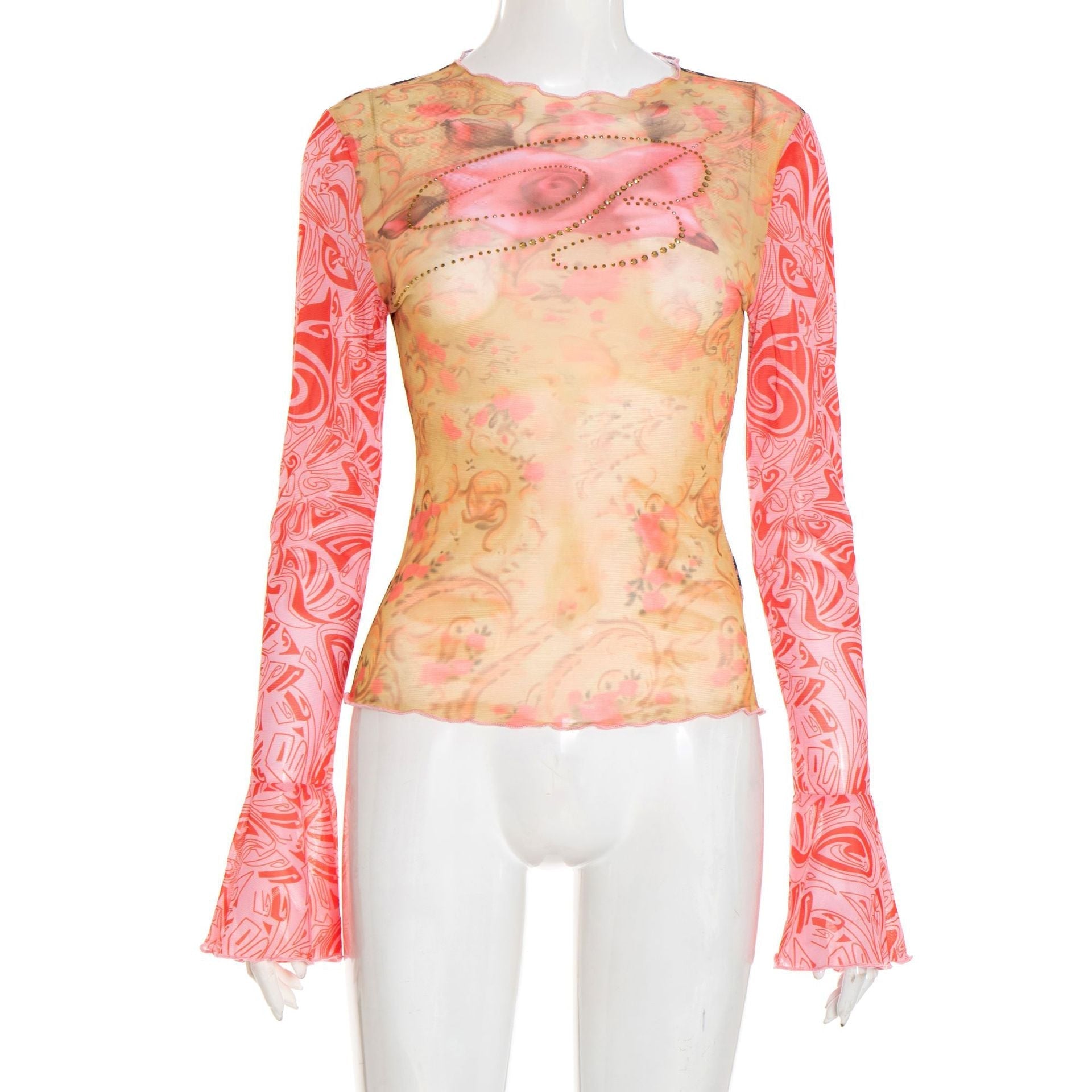 Autumn Bloom Sheer Mesh Top: Rhinestone Embellished, Flared Sleeves & Leopard Trim