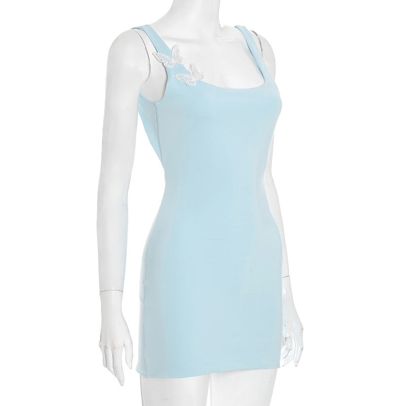 Whimsical Butterfly Square Neck Mini Dress - Light Blue Flirty Fall Style