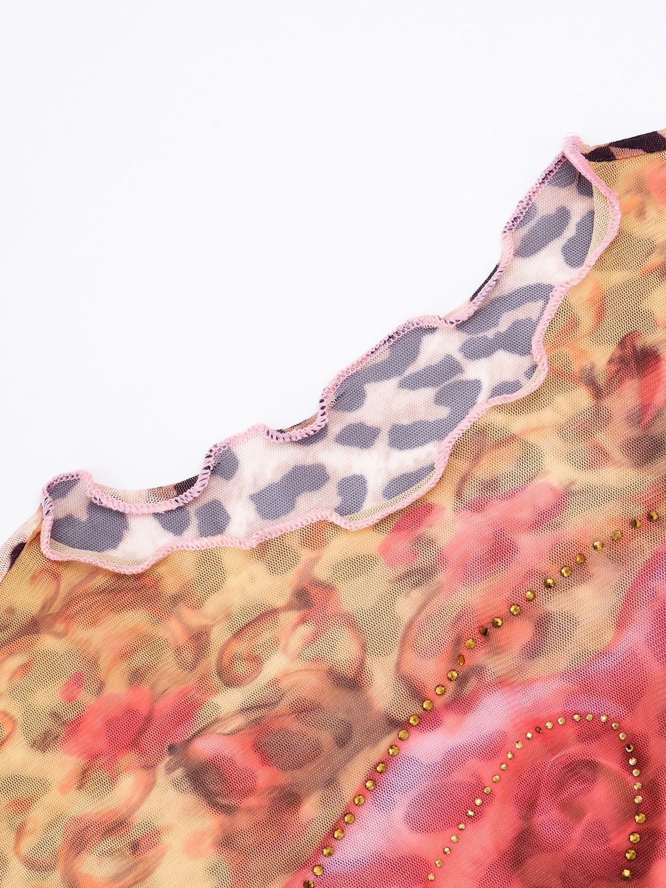 Autumn Bloom Sheer Mesh Top: Rhinestone Embellished, Flared Sleeves & Leopard Trim