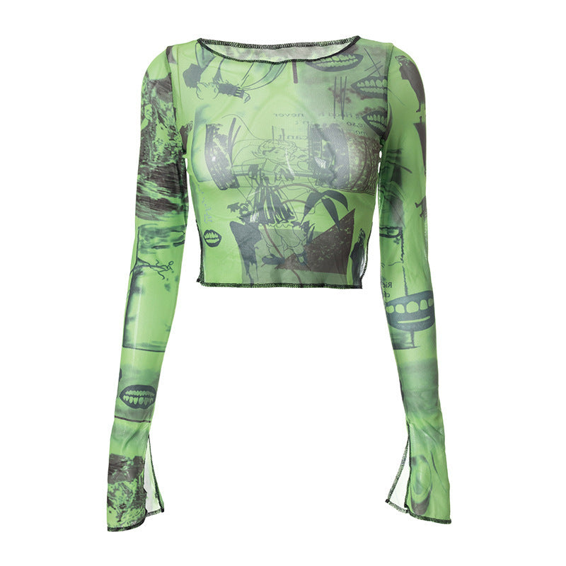 Edgy Green Graphic Mesh Crop Top for Women - Long Sleeve Slit Detail Tee | Fall & Halloween Fashion