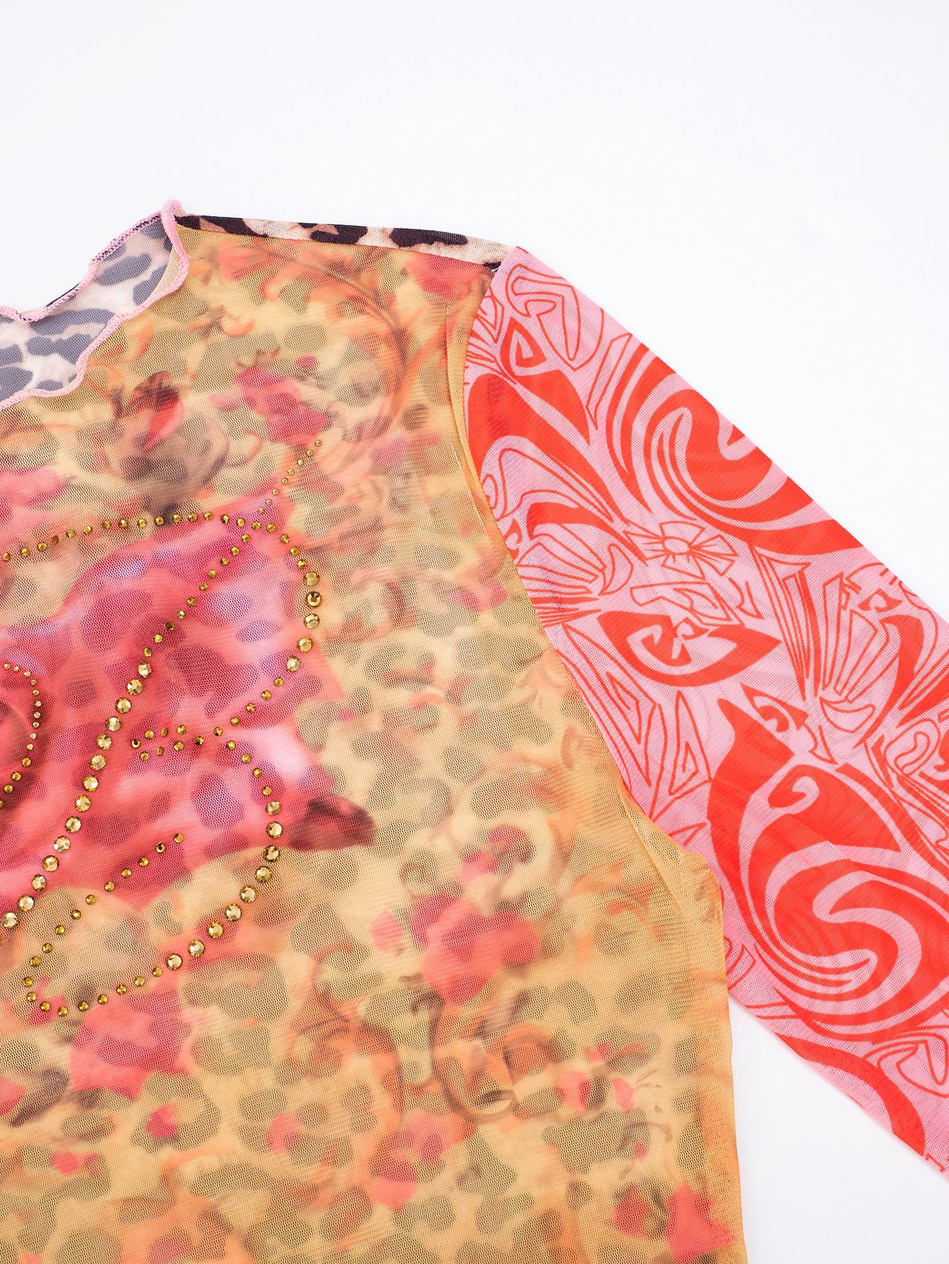 Autumn Bloom Sheer Mesh Top: Rhinestone Embellished, Flared Sleeves & Leopard Trim