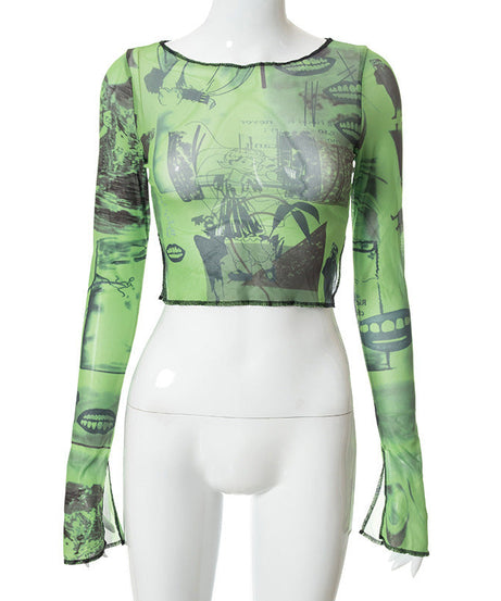 Edgy Green Graphic Mesh Crop Top for Women - Long Sleeve Slit Detail Tee | Fall & Halloween Fashion