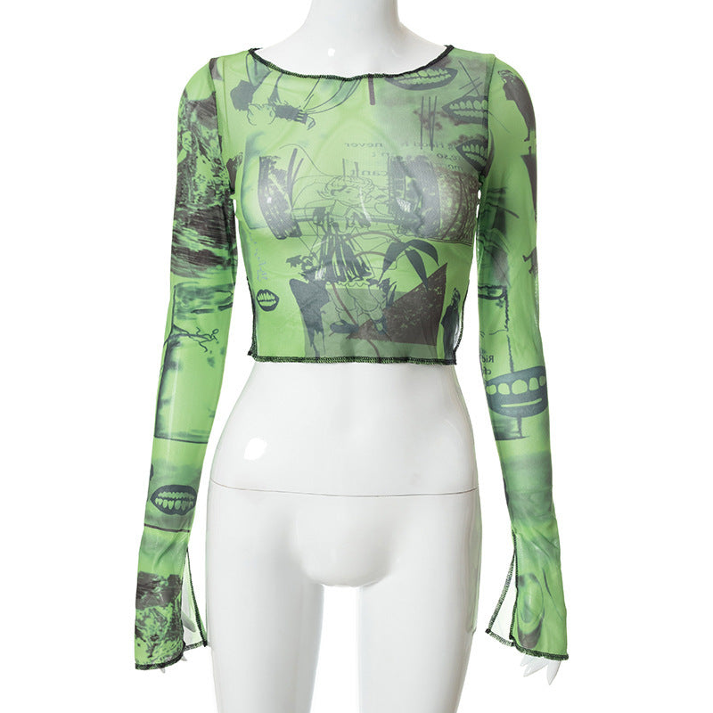Edgy Green Graphic Mesh Crop Top for Women - Long Sleeve Slit Detail Tee | Fall & Halloween Fashion