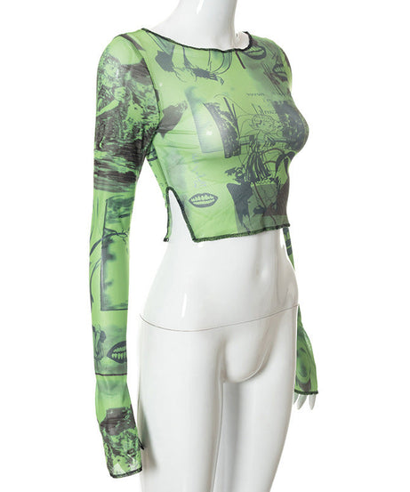 Edgy Green Graphic Mesh Crop Top for Women - Long Sleeve Slit Detail Tee | Fall & Halloween Fashion
