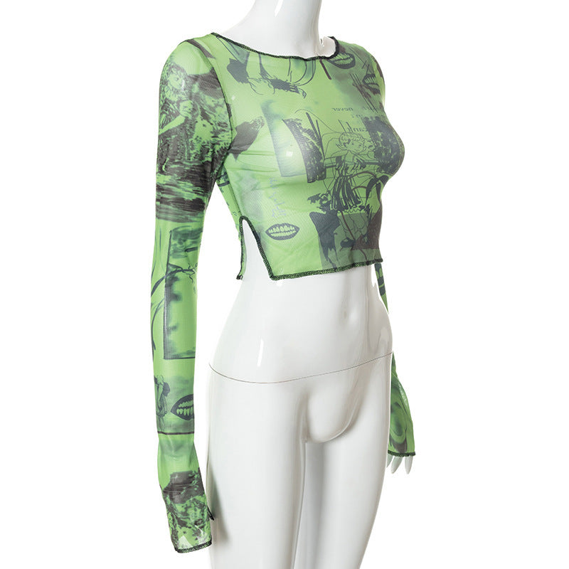 Edgy Green Graphic Mesh Crop Top for Women - Long Sleeve Slit Detail Tee | Fall & Halloween Fashion