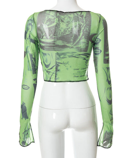 Edgy Green Graphic Mesh Crop Top for Women - Long Sleeve Slit Detail Tee | Fall & Halloween Fashion