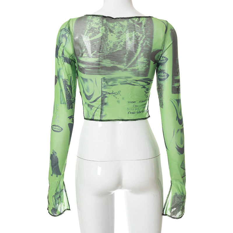 Edgy Green Graphic Mesh Crop Top for Women - Long Sleeve Slit Detail Tee | Fall & Halloween Fashion