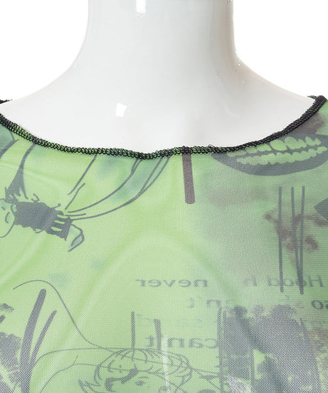 Edgy Green Graphic Mesh Crop Top for Women - Long Sleeve Slit Detail Tee | Fall & Halloween Fashion