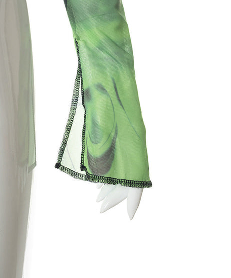 Edgy Green Graphic Mesh Crop Top for Women - Long Sleeve Slit Detail Tee | Fall & Halloween Fashion