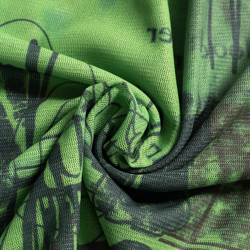 Edgy Green Graphic Mesh Crop Top for Women - Long Sleeve Slit Detail Tee | Fall & Halloween Fashion