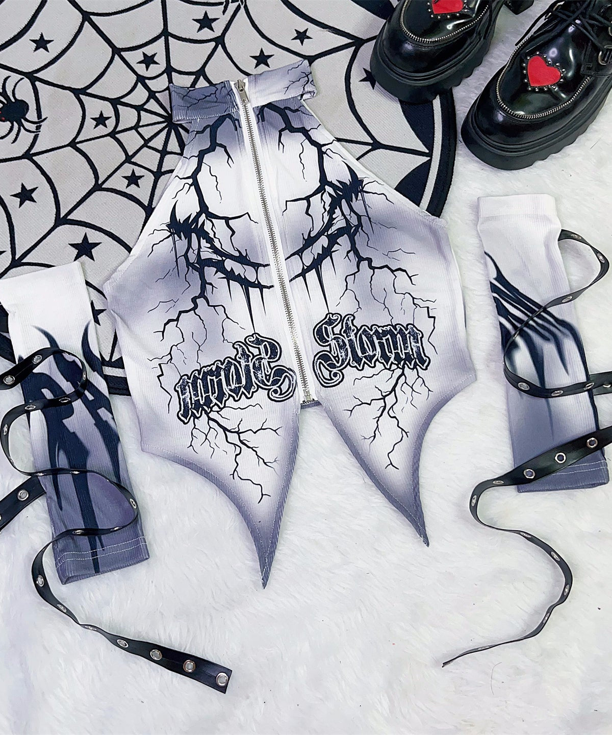"Mad Storm" Gothic Grunge Zip-Up Crop Top & Arm Sleeves Set - Spooky Season Alt Fashion