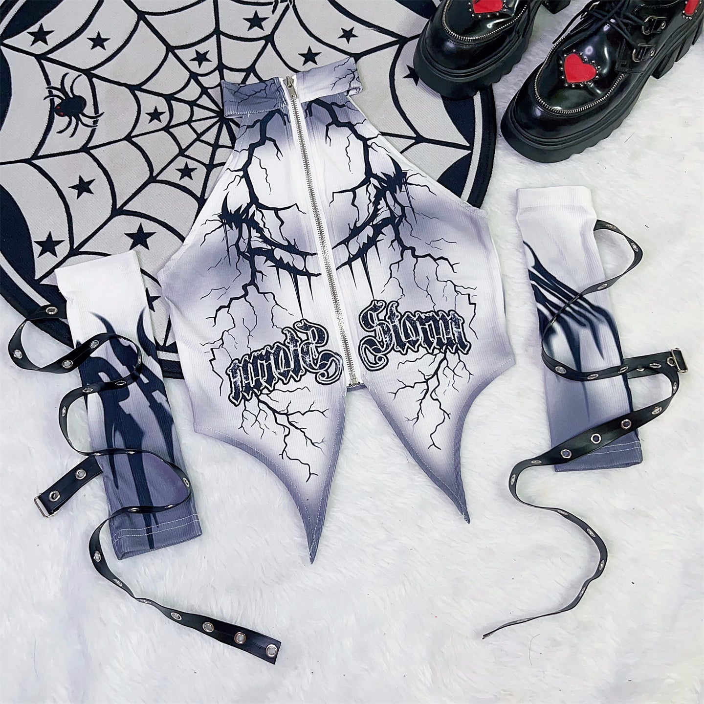 "Mad Storm" Gothic Grunge Zip-Up Crop Top & Arm Sleeves Set - Spooky Season Alt Fashion
