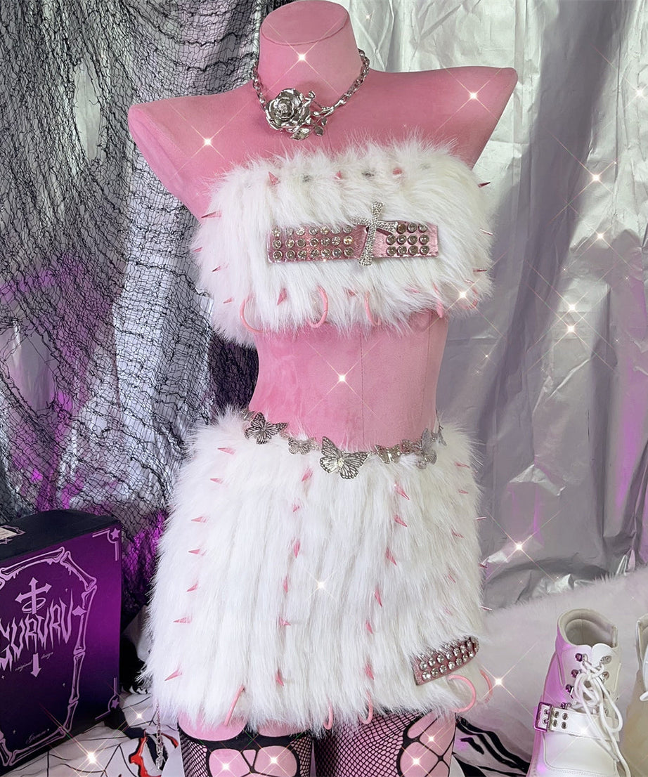 Glamorous Spiked Fluffy O-Ring Mini Skirt Set | Y2K Rave & Halloween Ready