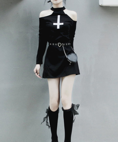 Spooky Chic Cold Shoulder Cross Mini Dress - Perfect for Halloween & Fall Goth Style