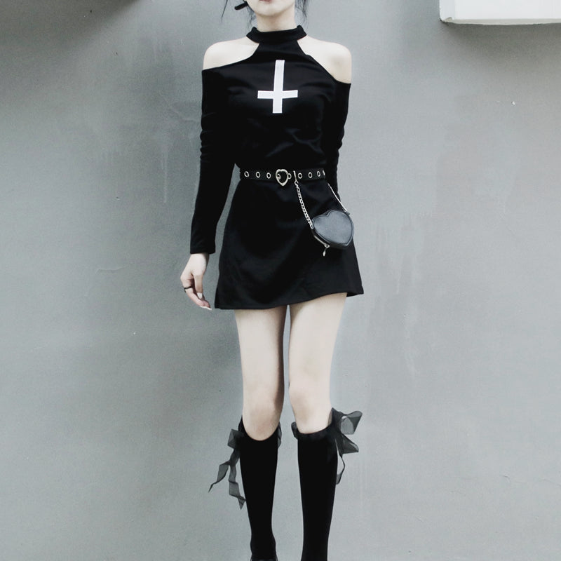 Spooky Chic Cold Shoulder Cross Mini Dress - Perfect for Halloween & Fall Goth Style
