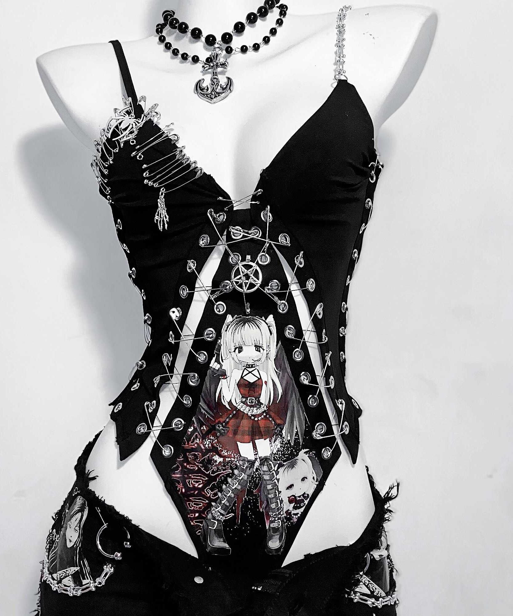 Rebel Spirit Anime Print Safety Pin Bodysuit - Edgy Goth Chain Cami for Fall & Halloween