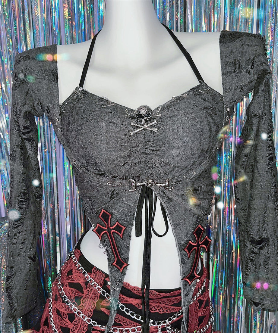 Gothic Grunge Skull & Cross 2-Piece Halter Top & Shrug Set - Edgy Y2K Style for Halloween & Fall